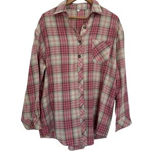 Pink‎ Plaid Flannel XL Button Down Blouse Women’s Like New